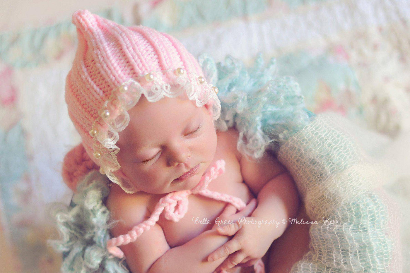 Pink Lace Pearl Cotton Knit Baby Bonnet - Beautiful Photo Props