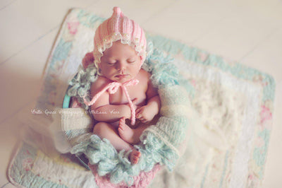 Pink Lace Pearl Cotton Knit Baby Bonnet - Beautiful Photo Props
