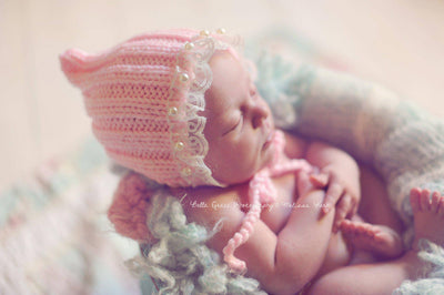 Pink Lace Pearl Cotton Knit Baby Bonnet - Beautiful Photo Props