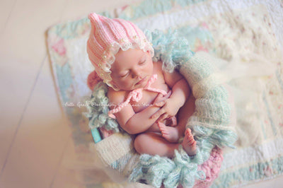 Pink Lace Pearl Cotton Knit Baby Bonnet - Beautiful Photo Props