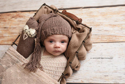SET Brown Newborn Pixie Elf Hat and Stuffed Plush Owl - Beautiful Photo Props