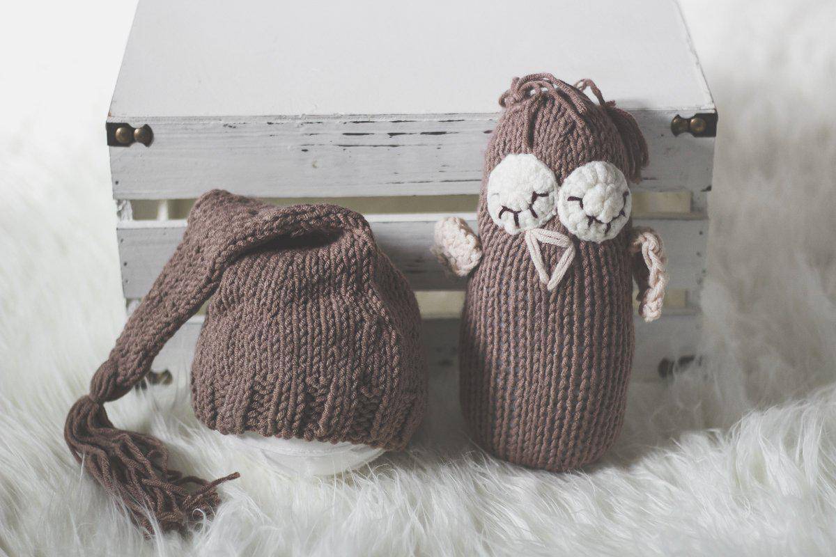 SET Brown Newborn Pixie Elf Hat and Stuffed Plush Owl - Beautiful Photo Props