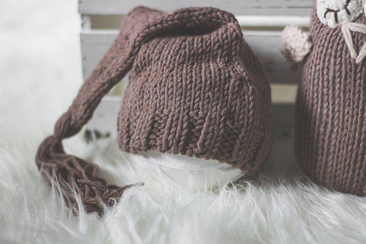 SET Brown Newborn Pixie Elf Hat and Stuffed Plush Owl - Beautiful Photo Props