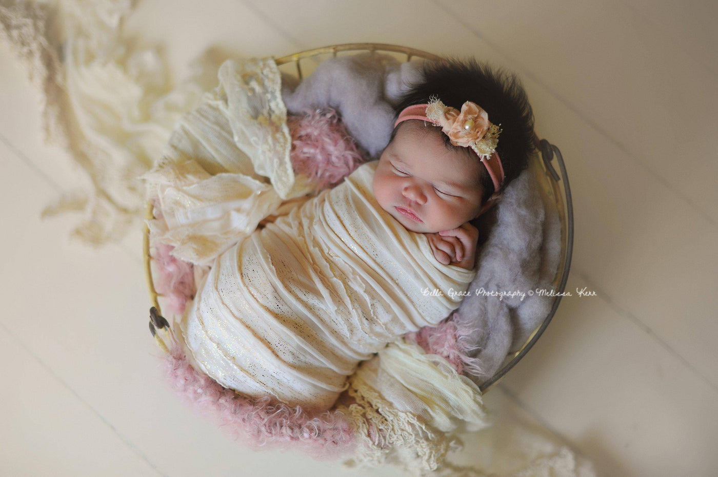 Cream Blush Pink and Gold Ruffle Stretch Knit Wrap - Beautiful Photo Props