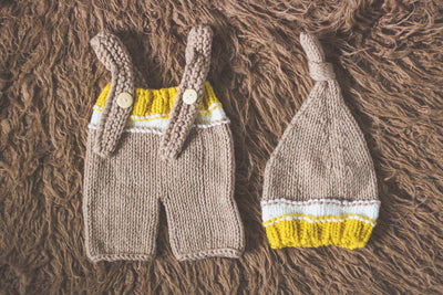 Beige Yellow White Newborn Knit Knot Hat and Overall Pants Set - Beautiful Photo Props
