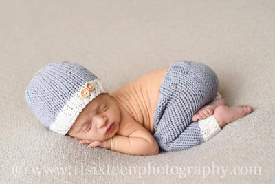 Gray Denim and White Knit Newborn Button Hat and Pants Set - Beautiful Photo Props