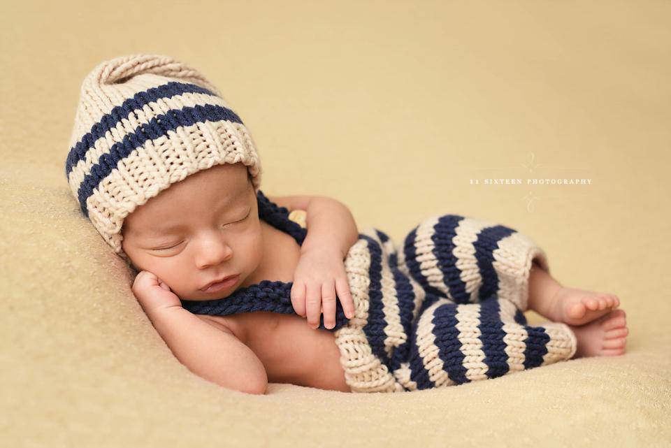 Beige and Denim Blue Newborn Knit Knot Hat and Overall Pants Set ...