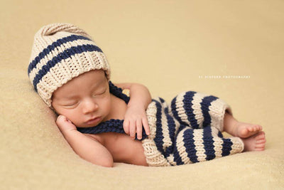 Beige and Denim Blue Newborn Knit Knot Hat and Overall Pants Set - Beautiful Photo Props