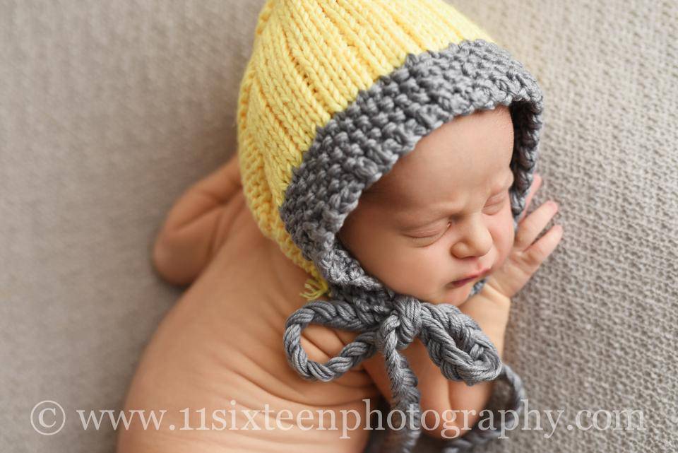 Gray and Yellow Newborn Knit Bonnet Hat - Beautiful Photo Props