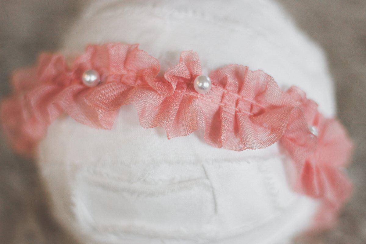 Pink Ruffles and Pearls Bead Fabric Headband - Beautiful Photo Props