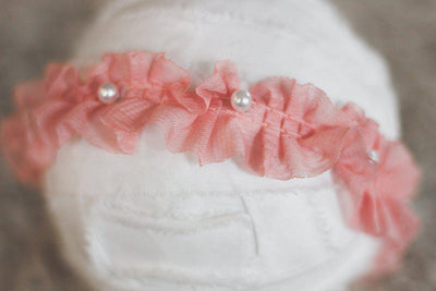 Pink Ruffles and Pearls Bead Fabric Headband - Beautiful Photo Props