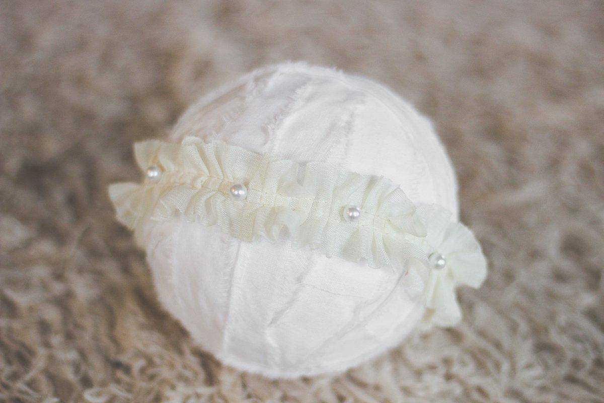 White Ruffles and Pearls Bead Fabric Headband - Beautiful Photo Props