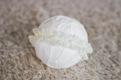 White Ruffles and Pearls Bead Fabric Headband - Beautiful Photo Props