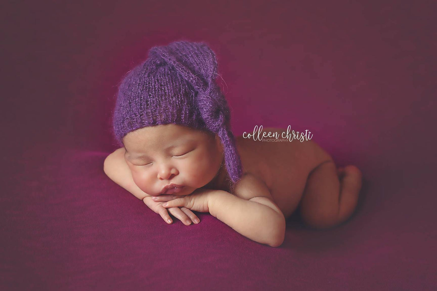 Purple Newborn Baby Mohair Pixie Knot Hat - Beautiful Photo Props