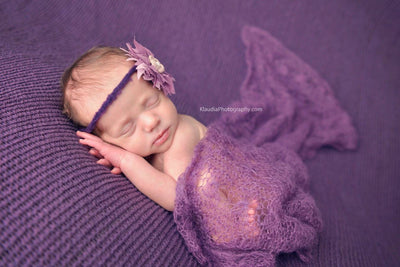 SET Eggplant and Purple Sunflower Mohair Knit Baby Wraps - Beautiful Photo Props