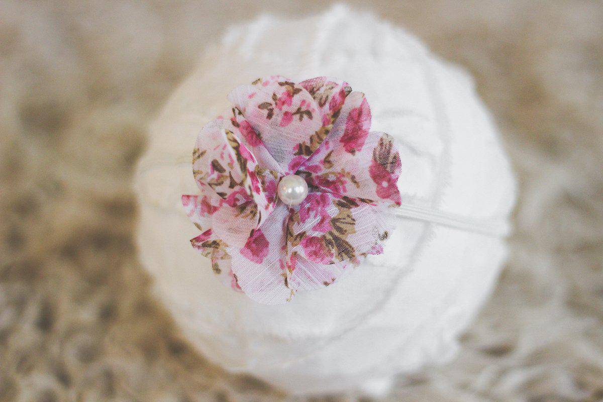 Pink and White Floral Chiffon Fabric Flower Headband - Beautiful Photo Props