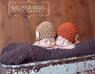 Twin Baby Button Beanie Hats Orange Beige - Beautiful Photo Props