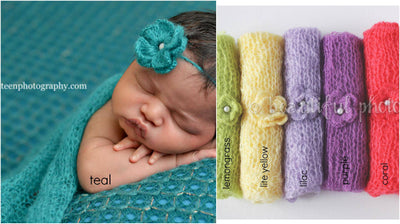 SET Purple Green Yellow Tones Mohair Knit Baby Wrap and Headband - Beautiful Photo Props