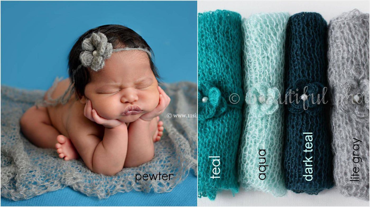 SET Teal Aqua Gray Tones Mohair Knit Baby Wrap and Headband - Beautiful Photo Props