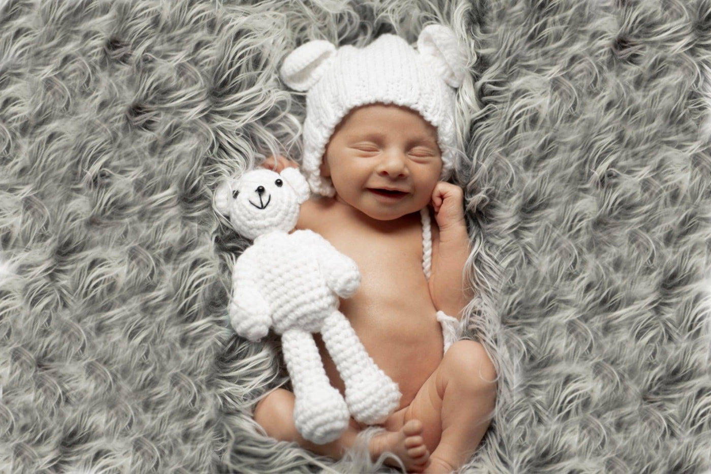 SET White Newborn Teddy Bear Hat and Stuffed Bear Plush - Beautiful Photo Props
