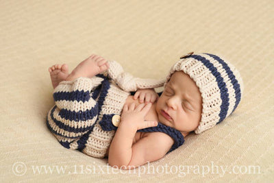Beige and Denim Blue Newborn Knit Knot Hat and Overall Pants Set - Beautiful Photo Props