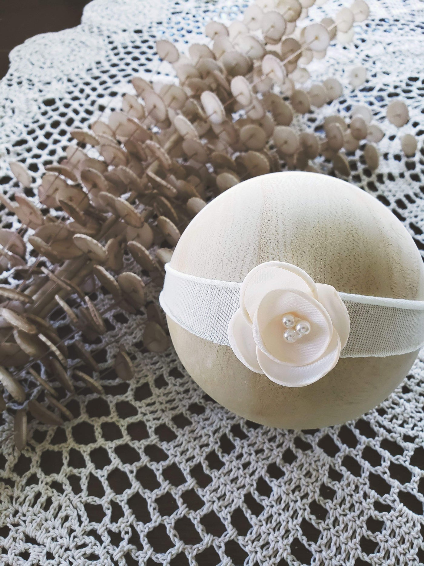Cream Pearls Newborn Flower Fabric Tieback Headband - Beautiful Photo Props