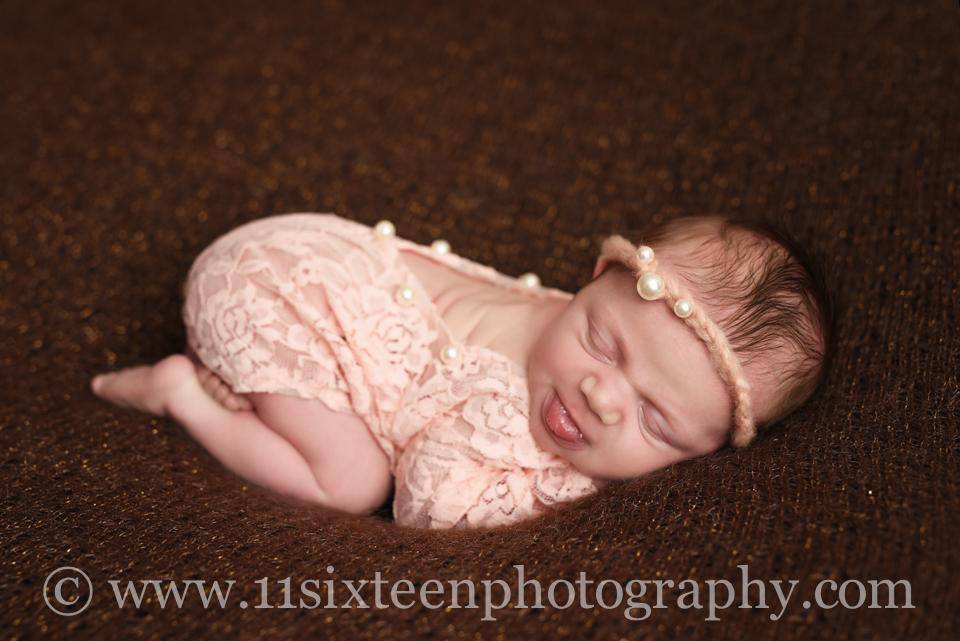 Pink Lace Long Sleeve Pearl Back Newborn Romper - Beautiful Photo Props