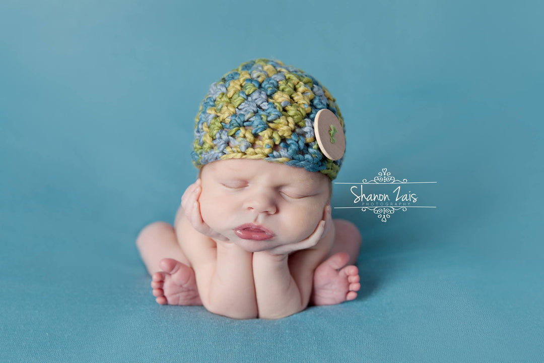 Blue Green Cotton Newborn Baby Button Hat – Beautiful Photo Props