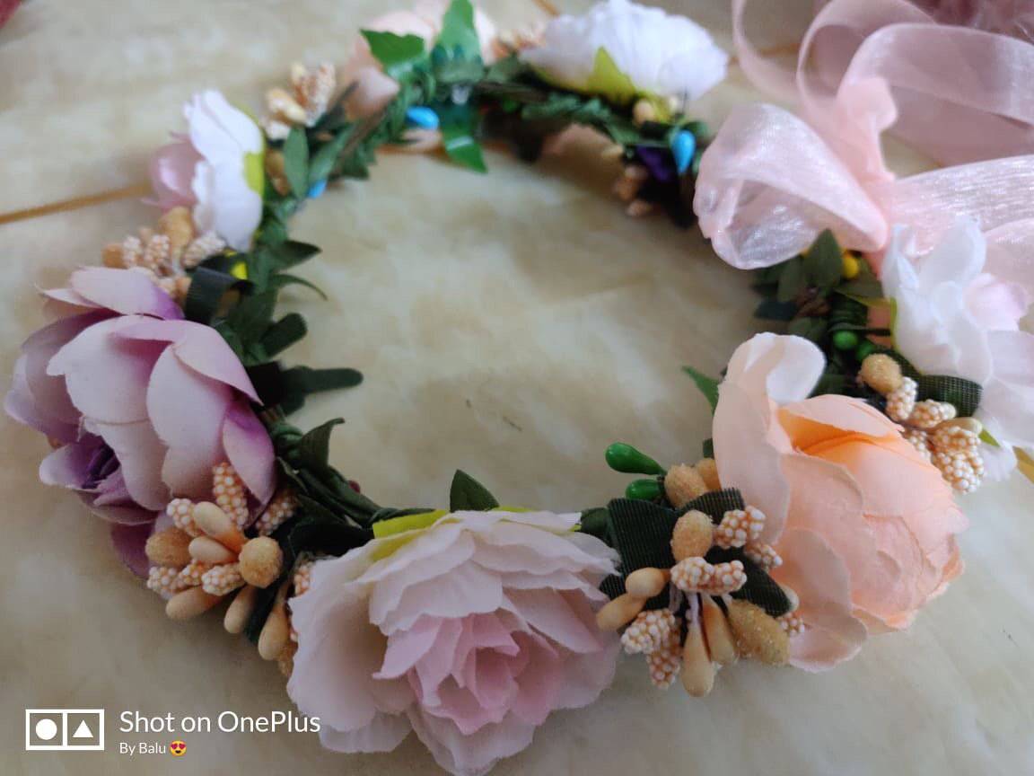 Flora Crown Pink Peach and Yellow Lace Floral Halo - Beautiful Photo Props