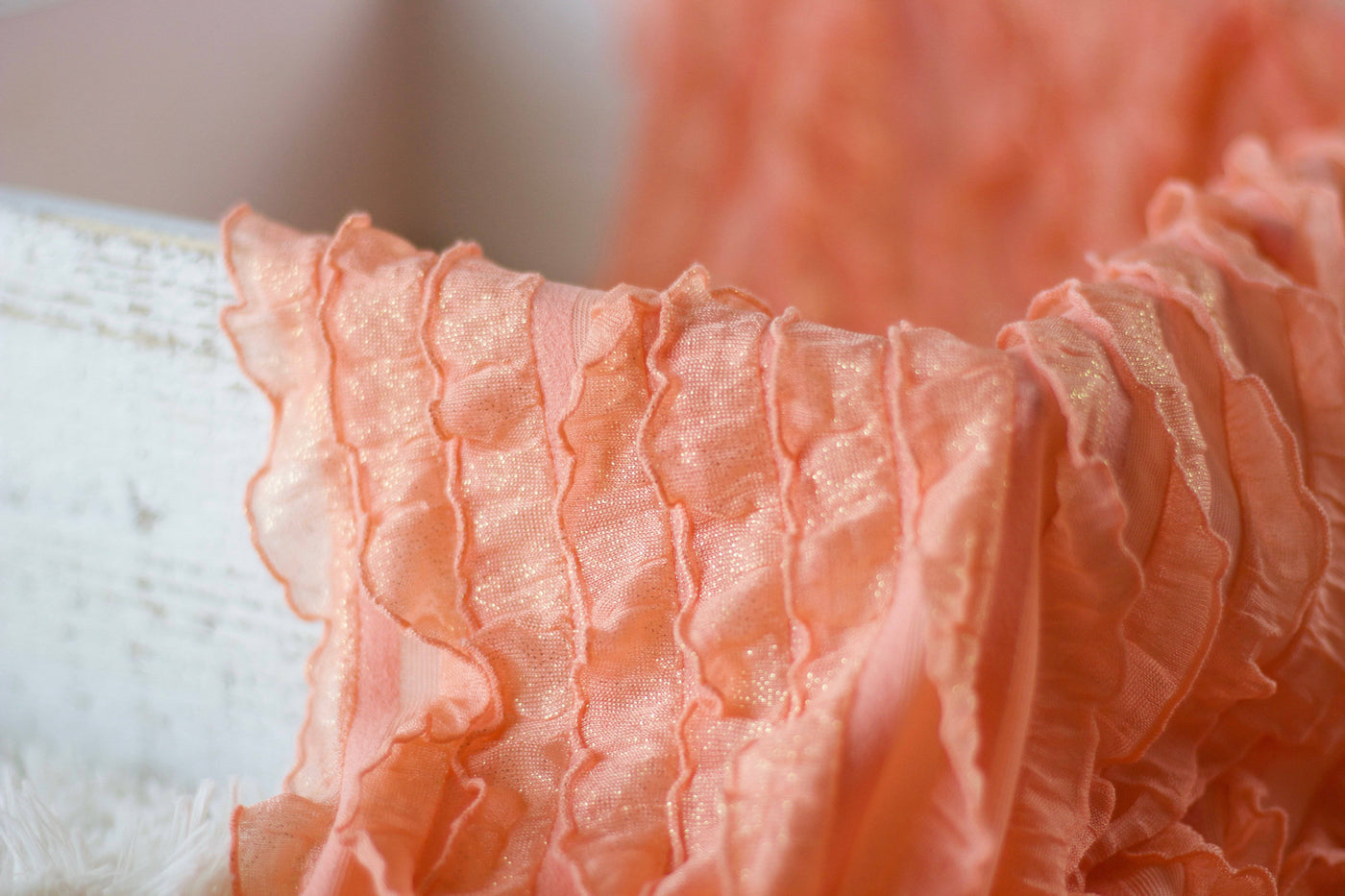 Coral Peach and Gold Ruffle Stretch Knit Wrap - Beautiful Photo Props