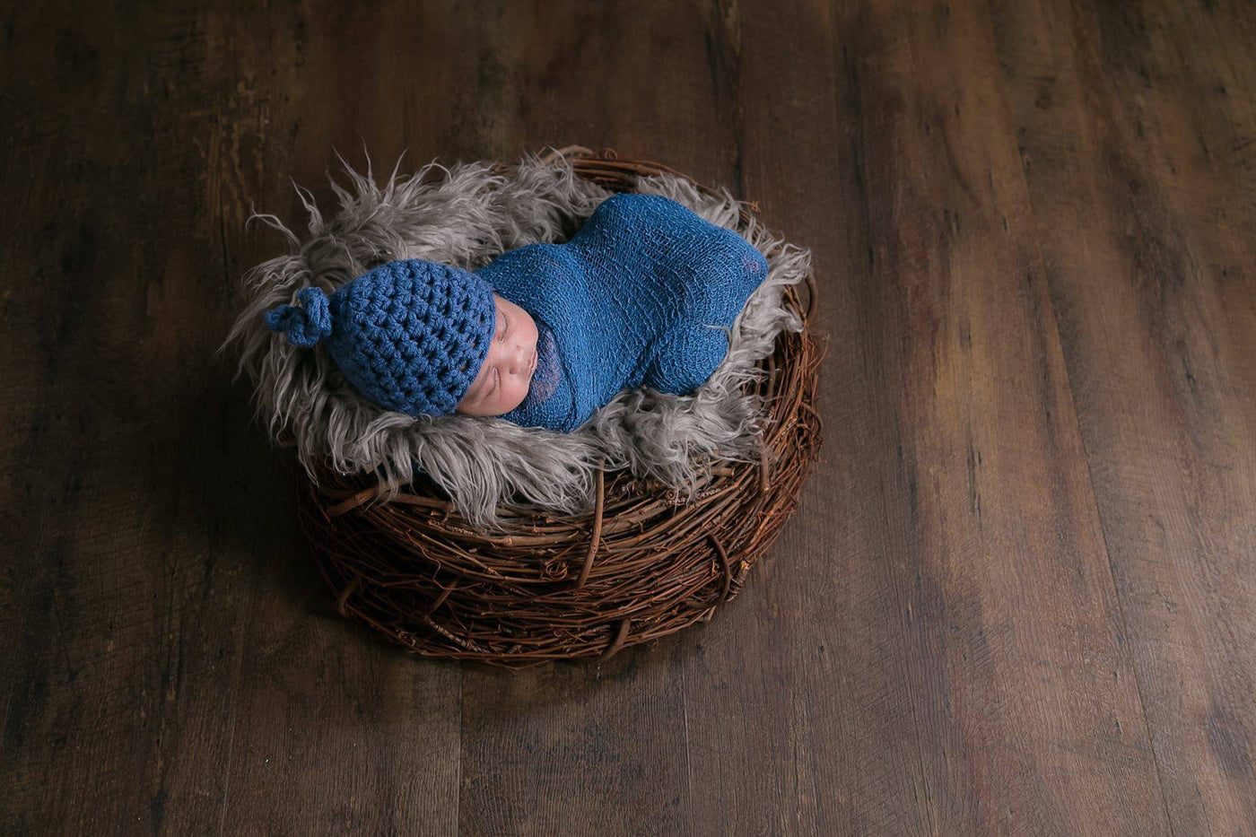 SET Wood Nest, Oyster Flokati Fur, Denim Knot Hat, Stretch Knit Wrap - Beautiful Photo Props