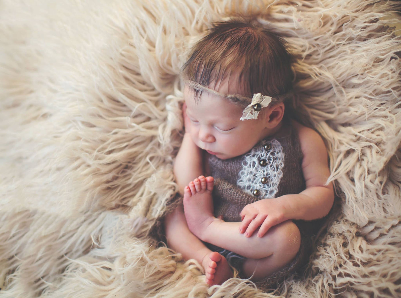 SET Brown Mohair Overalls Pants and Lace Pearl Headband - Beautiful Photo Props