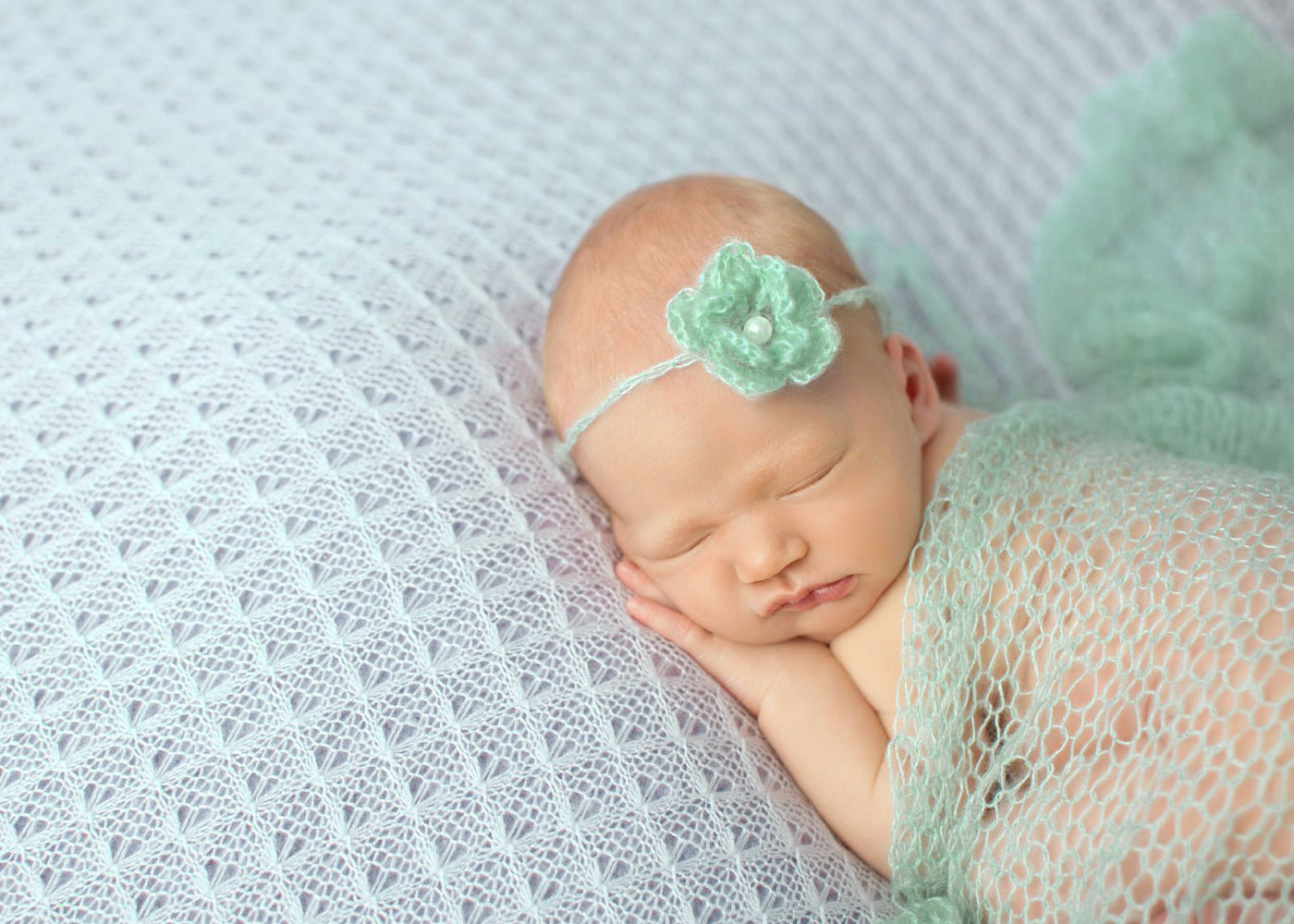SET Mint Blue Mohair Knit Baby Wrap and Headband - Beautiful Photo Props