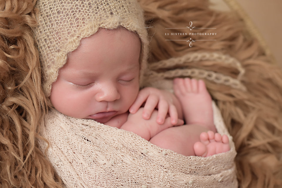 Beige Scalllop Mohair Newborn Baby Bonnet Hat - Beautiful Photo Props