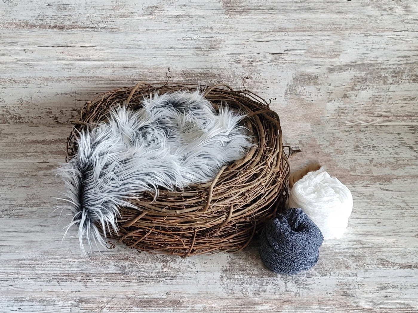 SET Wood Nest, Frosted Gray Fur, Baby Wraps, Baby Hat - Beautiful Photo Props