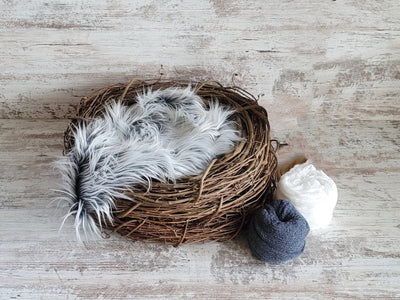 SET Wood Nest, Frosted Gray Fur, Baby Wraps, Baby Hat - Beautiful Photo Props