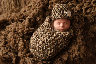SET Toffee Newborn Baby Collared Cocoon and Button Hat - Beautiful Photo Props